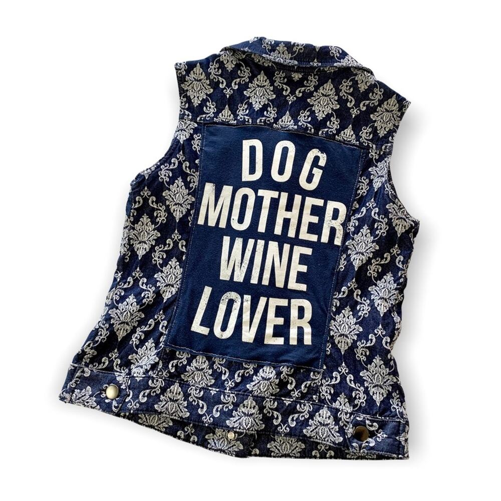 Reworked Apparel Dog Mother Wine Lover Brocade Denim Vest Women's Medium